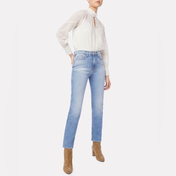 FRAME High Neck Puff Sleeve Keyhole Ivory Ramie Long Sleeve Eyelet Party Top M - Picture 4 of 12